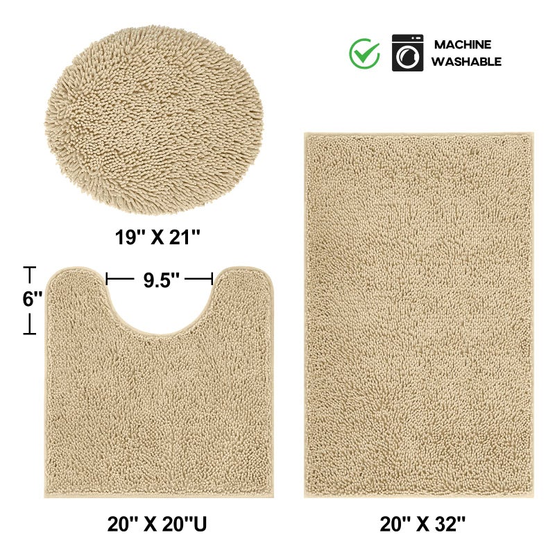 TREETONE Chenille Bath Mat 3 Pieces Bathroom Rugs Set, 20x20 Inches U-Shape Contoured Toilet Mat & 20x32 Inches Rug & Lid Cover,Water Absorbent Plush Rugs for Tub Shower & Bath Room -Beige - Image 2